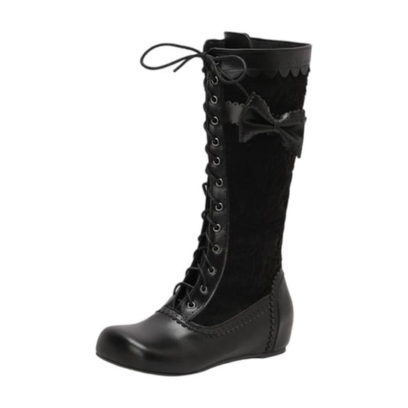 hzomhy Womens Knee High Boots Round Toe Flat Sole Bow Detail Front Tie Side Zipper for Commute Outdoor Walking Weekend Outings and Winter Wear