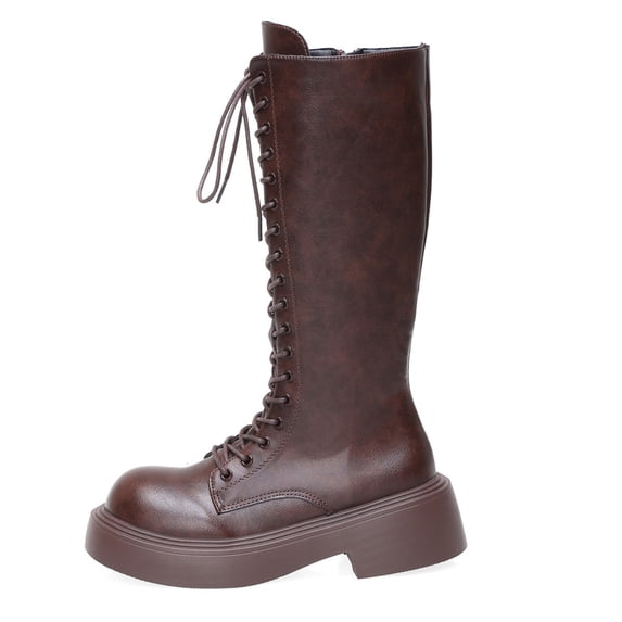 hzomhy Womens Knee High Boots Round Toe Front Lacing Low Heel for Casual Fall Winter and Everyday Wear