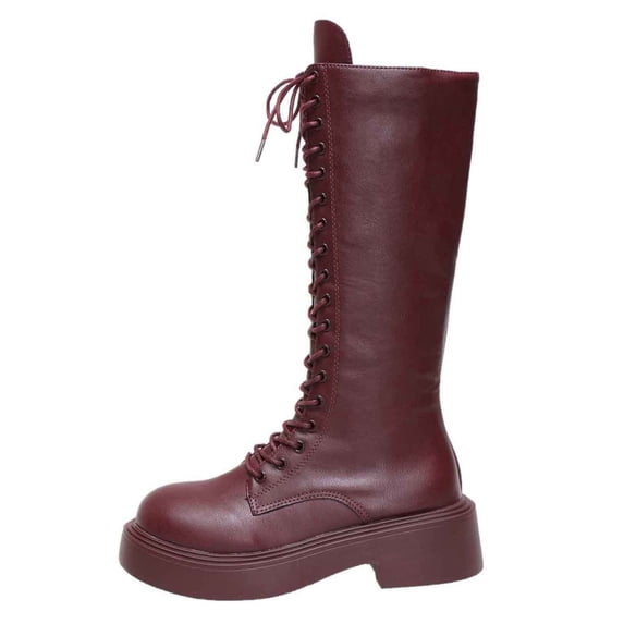 hzomhy Womens Knee High Boots Round Toe Front Lacing Low Heel for Casual Fall Winter and Everyday Wear