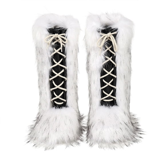 hzomhy Womens Knee High Boots Round Toe Fuzzy Textured Shaft Crisscross Tie Detail Warm Lined for Party Outfits Cold Weather and Evening Events