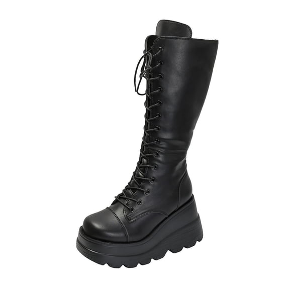 hzomhy Womens Knee High Wedge Boots Round Toe Thick Sole Front Tie Side Zipper for Outdoor Walking Commute Weekend Outings and Fall Winter Wear