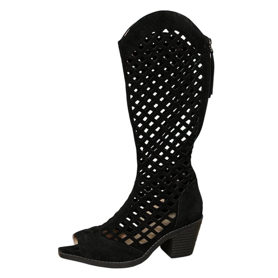 hzomhy Womens Long Boots Back Zipper Cutout Detail Knee High Chunky Heel Boots for Casual Daily Wear