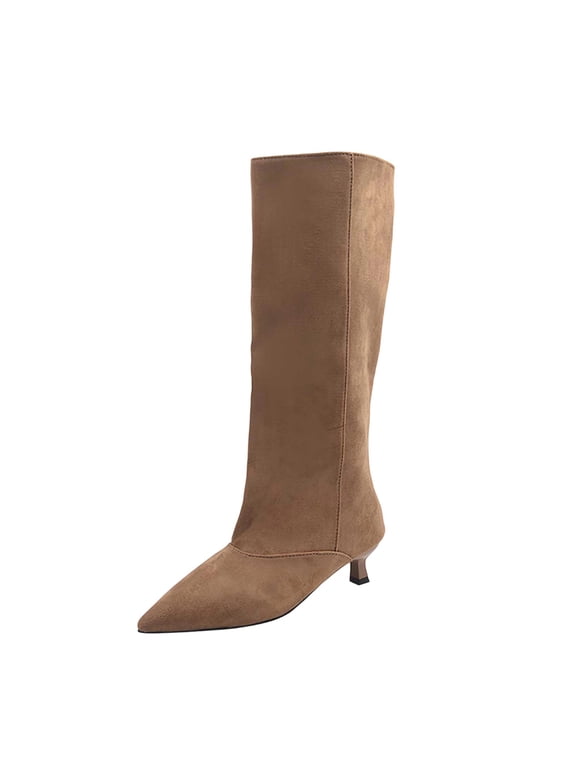 Womens Mid Calf Boots Pointed Toe Stretch Shaft Pull On Slim High Heel for Casual Work and Evening Wear