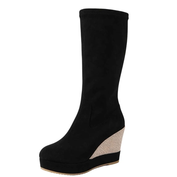 hzomhy Womens Mid Calf Boots Round Toe Buckle Strap Wedge Heel for Casual Walking Work and Everyday Wear