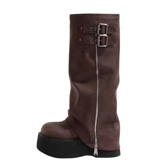 hzomhy Womens Mid Calf Slouch Boots Round Toe Side Zipper Buckle Detail Thick Sole for Street and Concert Wear