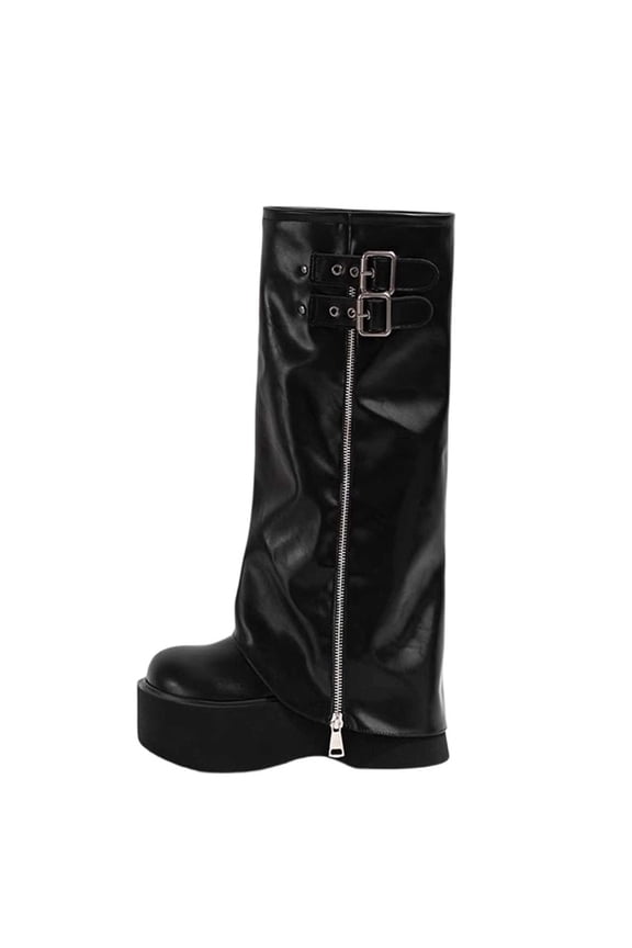 Womens Mid Calf Boots Round Toe Foldover Slouch Shaft Buckle Detail Side Zipper Thick Sole for Street Wear