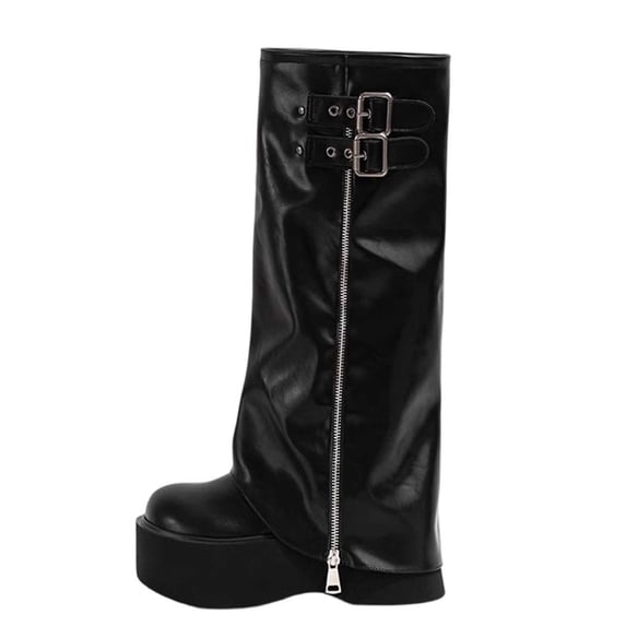 hzomhy Womens Mid Calf Slouch Boots Round Toe Side Zipper Buckle Detail Thick Sole for Street and Concert Wear