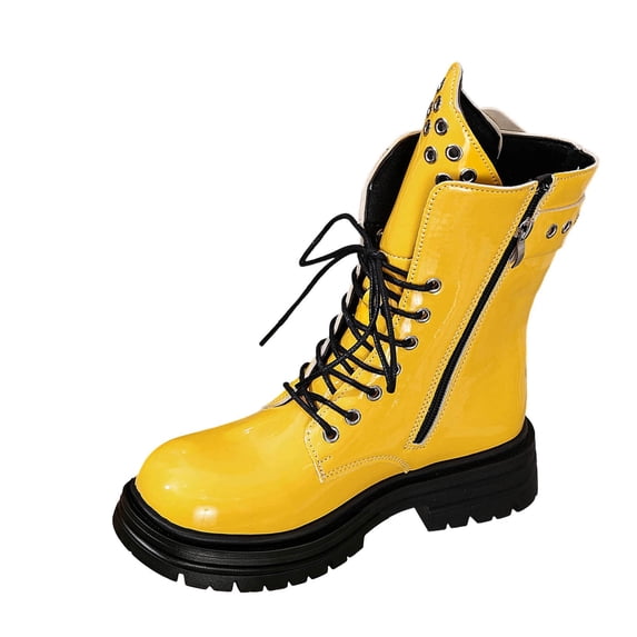 hzomhy Womens Mid Calf Boots Round Toe Front Lacing Side Zipper Thick Textured Sole for Casual Street and Fall Winter Wear