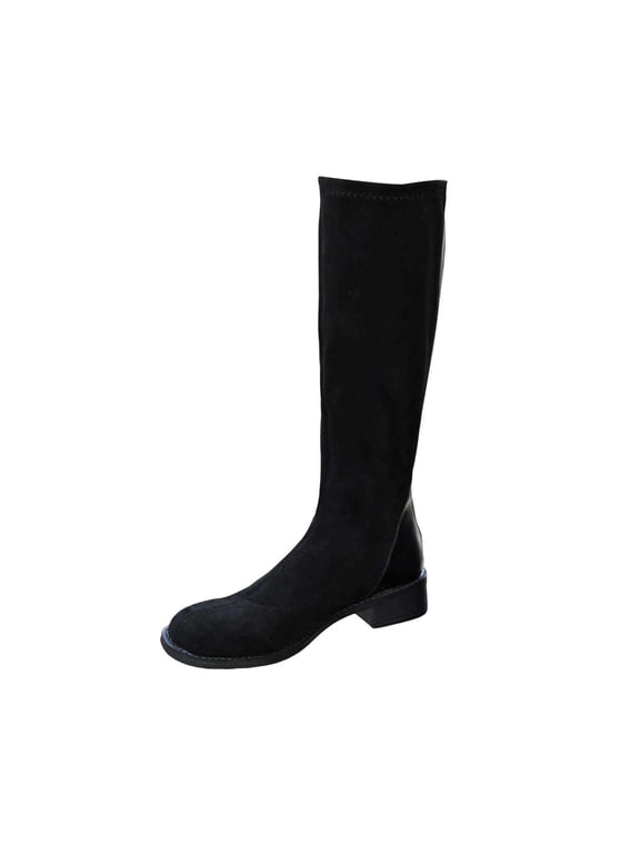 Womens Mid Calf Boots Round Toe Rear Zipper Stretch Shaft Low Block Heel for Travel Shopping and Daily Wear