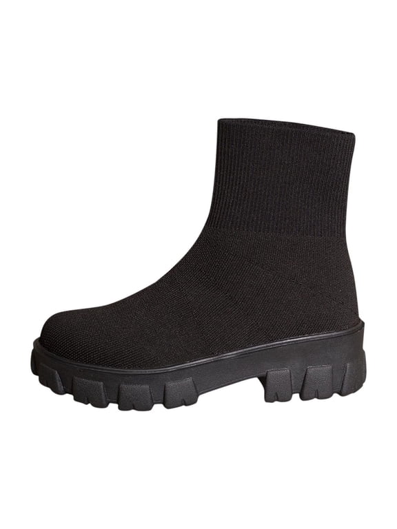 Womens Mid Calf Boots Round Toe Thick Sole Flat Heel Stretch Shaft Pull On for Cold Weather Outdoor Walking Commute and Winter Wear