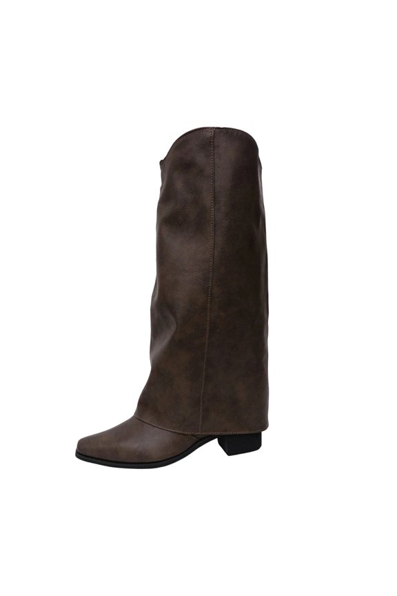 Womens Mid Calf Riding Boots Pointed Toe Buckle Detail Block Mid Heel Slouch Boots for Daily Wear