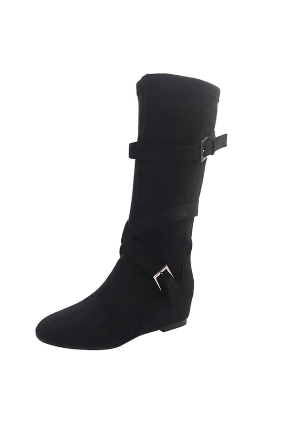 Womens Mid Calf Riding Boots Round Toe Belt Buckle Chunky Heel Thick Sole Boots for Daily Wear