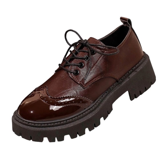 hzomhy Womens Oxford Shoes Round Toe Wingtip Perforated Detail Front Lacing Thick Sole for Campus Work and Daily Wear