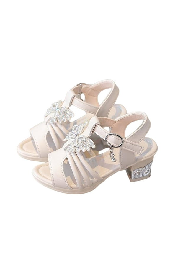 Young Girls High Heel Rhinestone Bow Sandals Pointed Glitter Sequins Dance Performance Stage Shoes Cushioned Sole Comfort