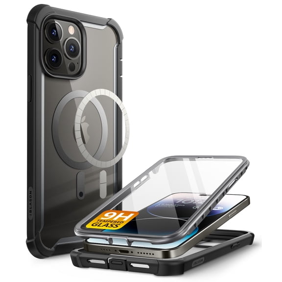 i-Blason Ares Designed for iPhone 14 Pro Case Compatible with MagSafe 6.1 inch (2022), Dual Layer Rugged Clear Bumper Case with Built-in Tempered Glass Screen Protector -Black [MagSafe+Glass]