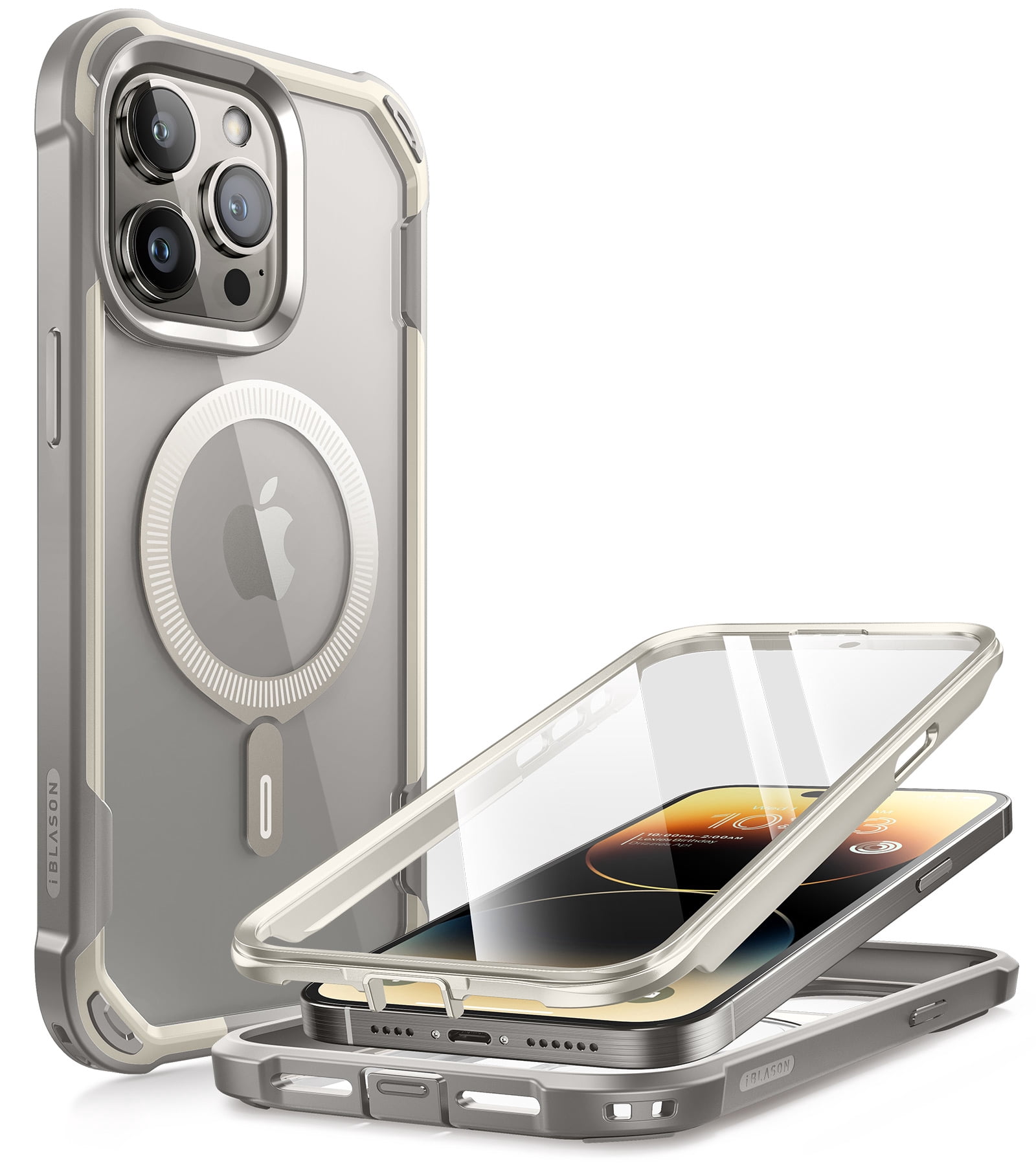 i-Blason Ares Mag for iPhone 15 Pro Max Case [6.7 inch] with Screen Protector, [Compatible with MagSafe] Clear Slim Full-Body Shockproof Rugged Bumper Case (Gary)