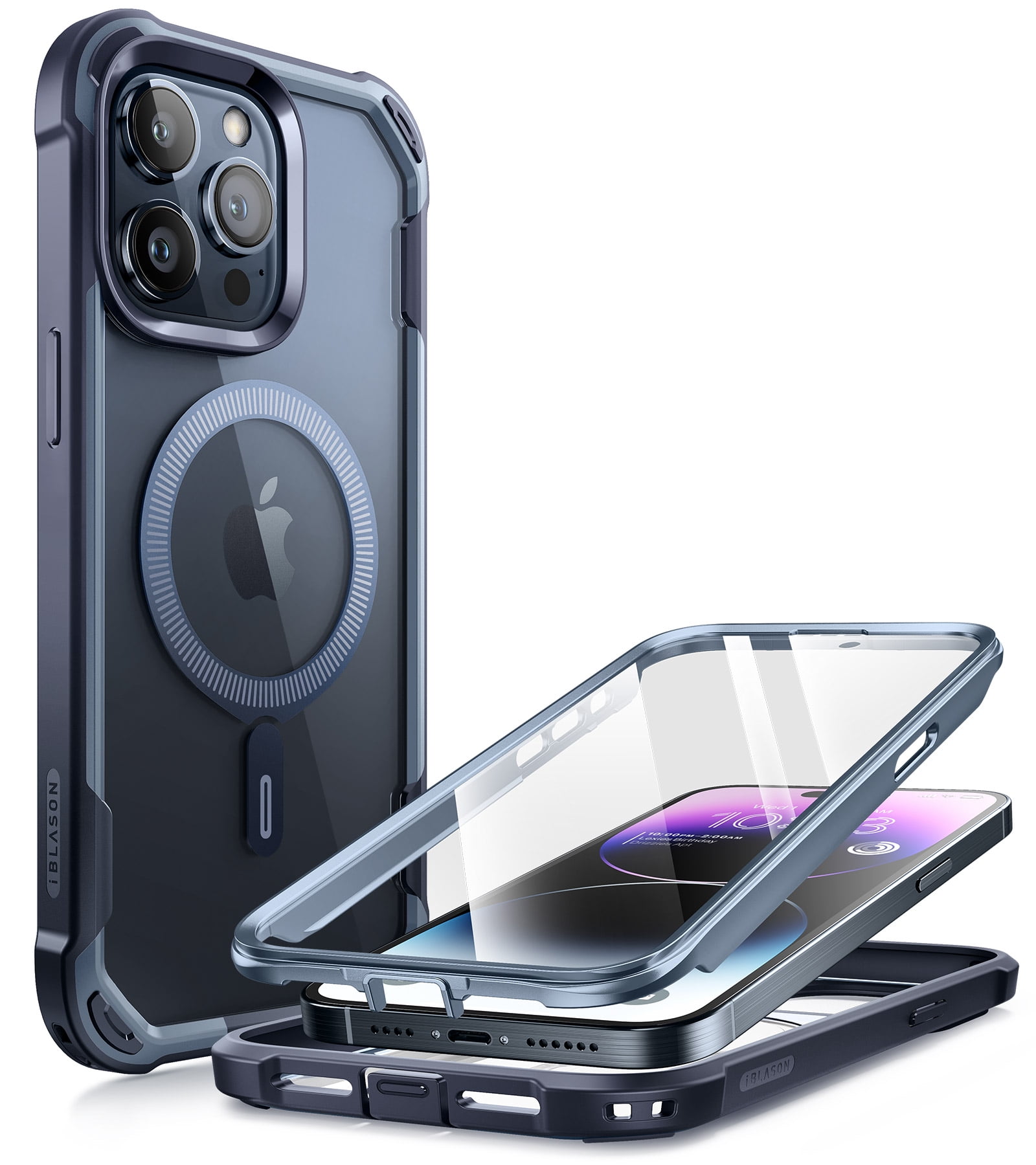 i-Blason Ares Mag for iPhone 15 Pro Max Case [6.7 inch] with Screen Protector, [Compatible with MagSafe] Clear Slim Full-Body Shockproof Rugged Bumper Case (Navy)