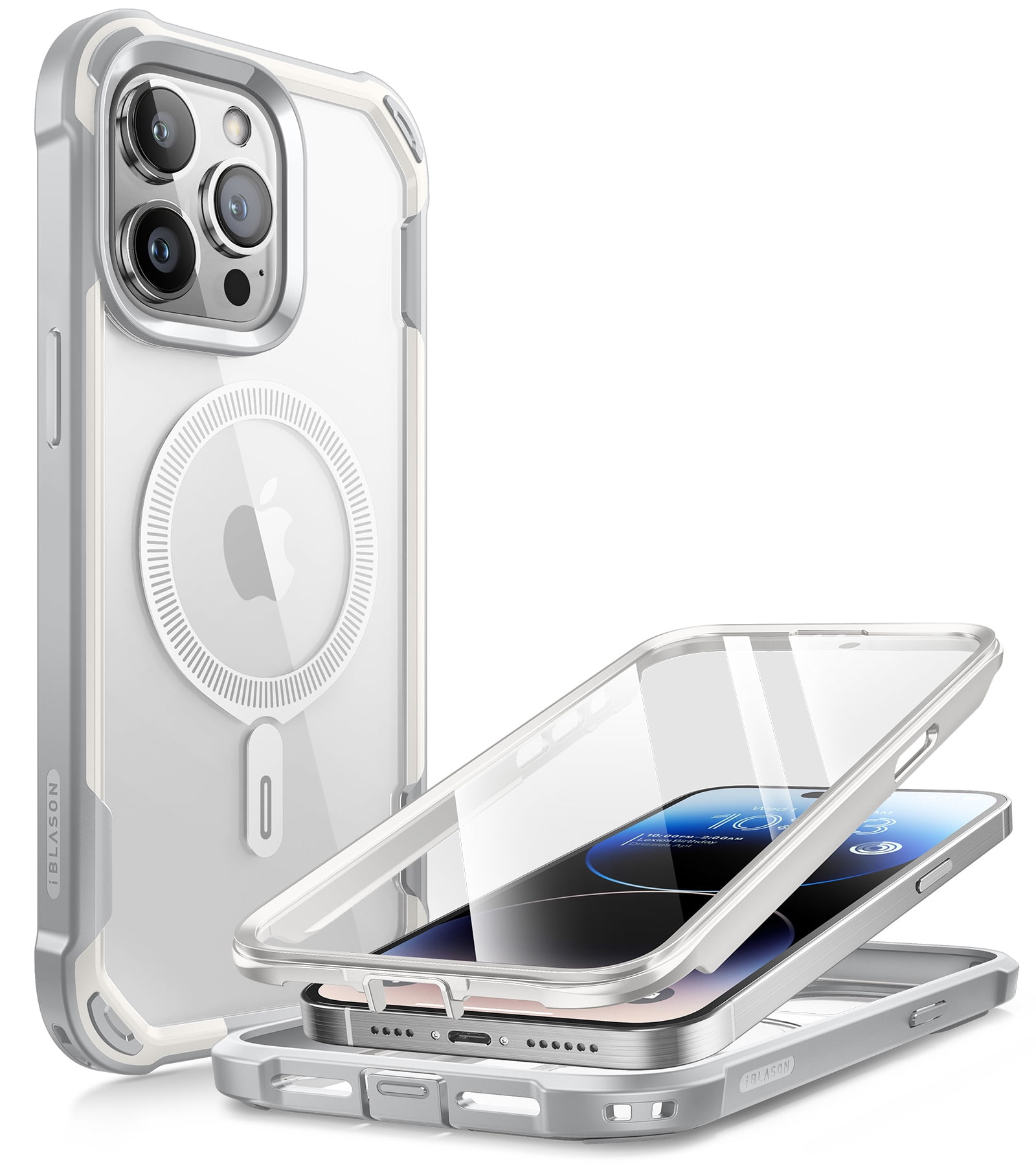 i-Blason Ares Mag for iPhone 15 Pro Max Case [6.7 inch] with Screen Protector, [Compatible with MagSafe] Clear Slim Full-Body Shockproof Rugged Bumper Case (White)