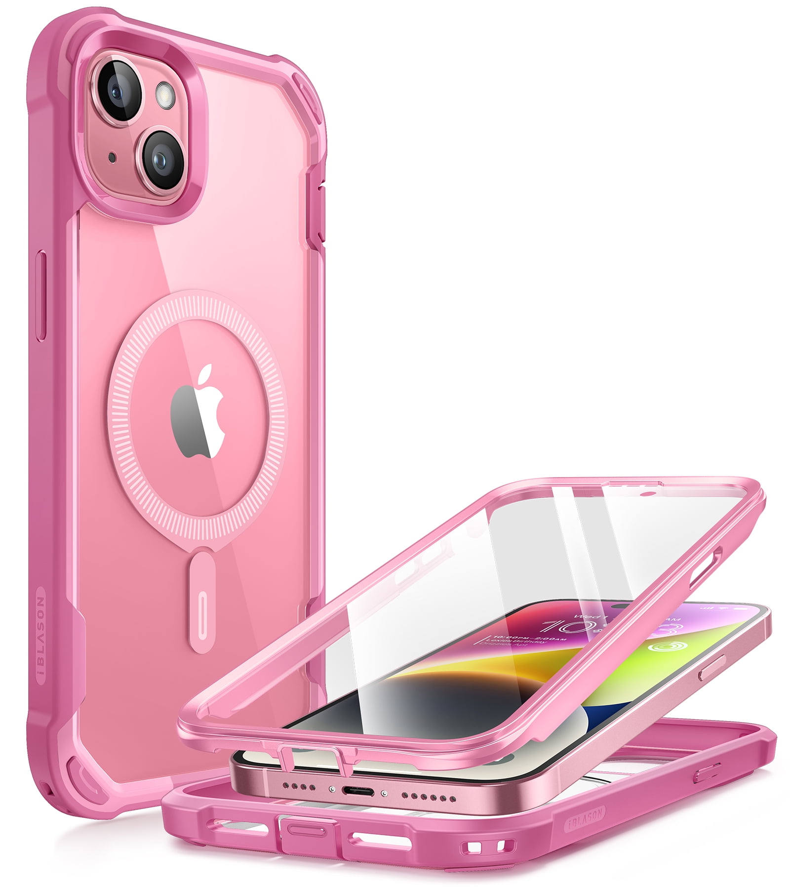 i-Blason AresMag for iPhone 15 Plus Case [6.7 inch], [MagSafe Compatible] Full-Body Dual Layer Anti-Slip Shockproof Rugged Clear Bumper Case with Built-in Screen Protector (Pink)