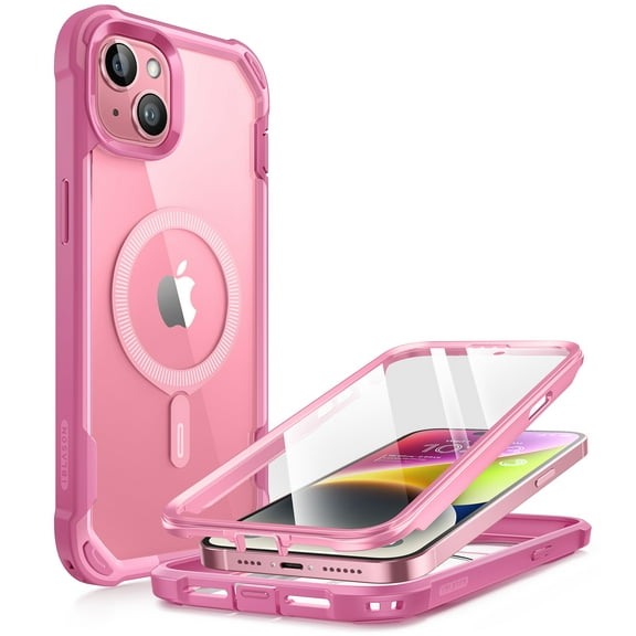 i-Blason AresMag for iPhone 15 Plus Case [6.7 inch], [MagSafe Compatible] Full-Body Dual Layer Anti-Slip Shockproof Rugged Clear Bumper Case with Built-in Screen Protector (Pink)