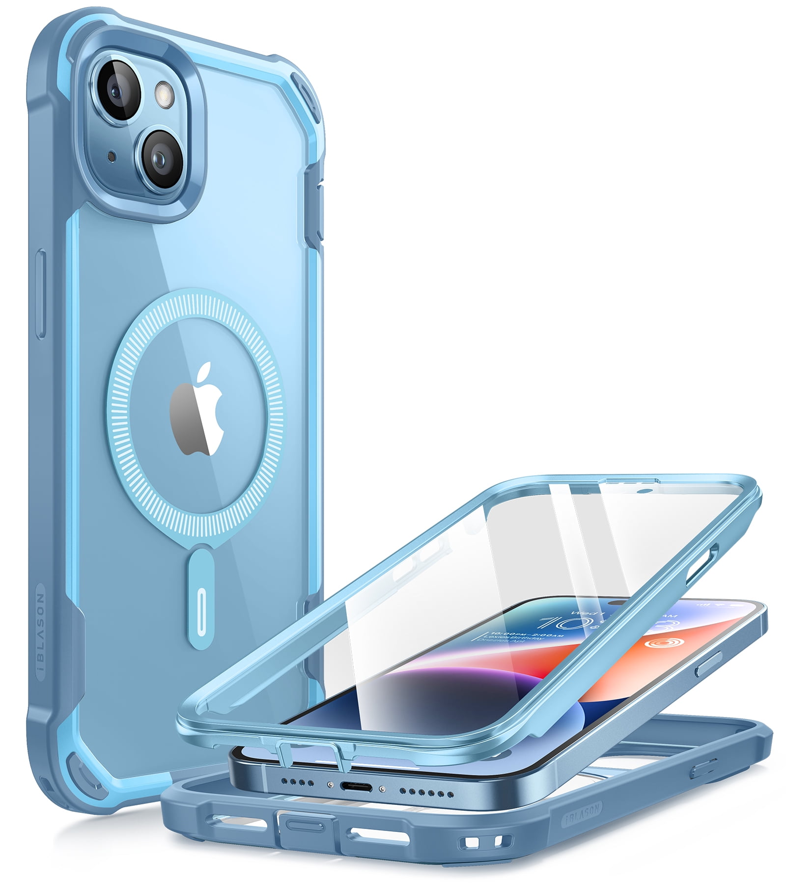 i-Blason AresMag for iPhone 15 Plus Case [6.7 inch], [MagSafe Compatible] Full-Body Dual Layer Anti-Slip Shockproof Rugged Clear Bumper Case with Built-in Screen Protector (Blue)