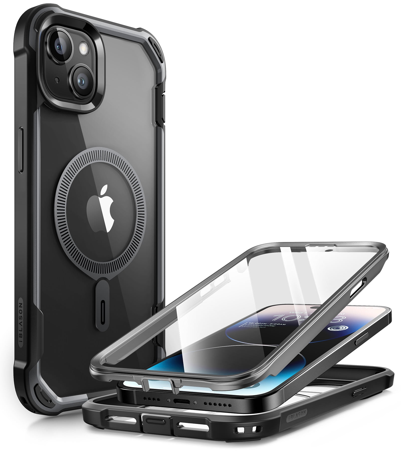 i-Blason AresMag for iPhone 15 Plus Case [6.7 inch], [MagSafe Compatible] Full-Body Dual Layer Anti-Slip Shockproof Rugged Clear Bumper Case with Built-in Screen Protector (Black)