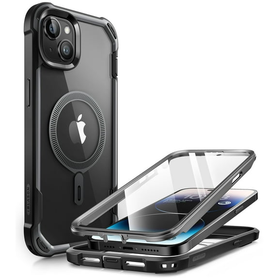 i-Blason AresMag for iPhone 15 Plus Case [6.7 inch], [MagSafe Compatible] Full-Body Dual Layer Anti-Slip Shockproof Rugged Clear Bumper Case with Built-in Screen Protector (Black)