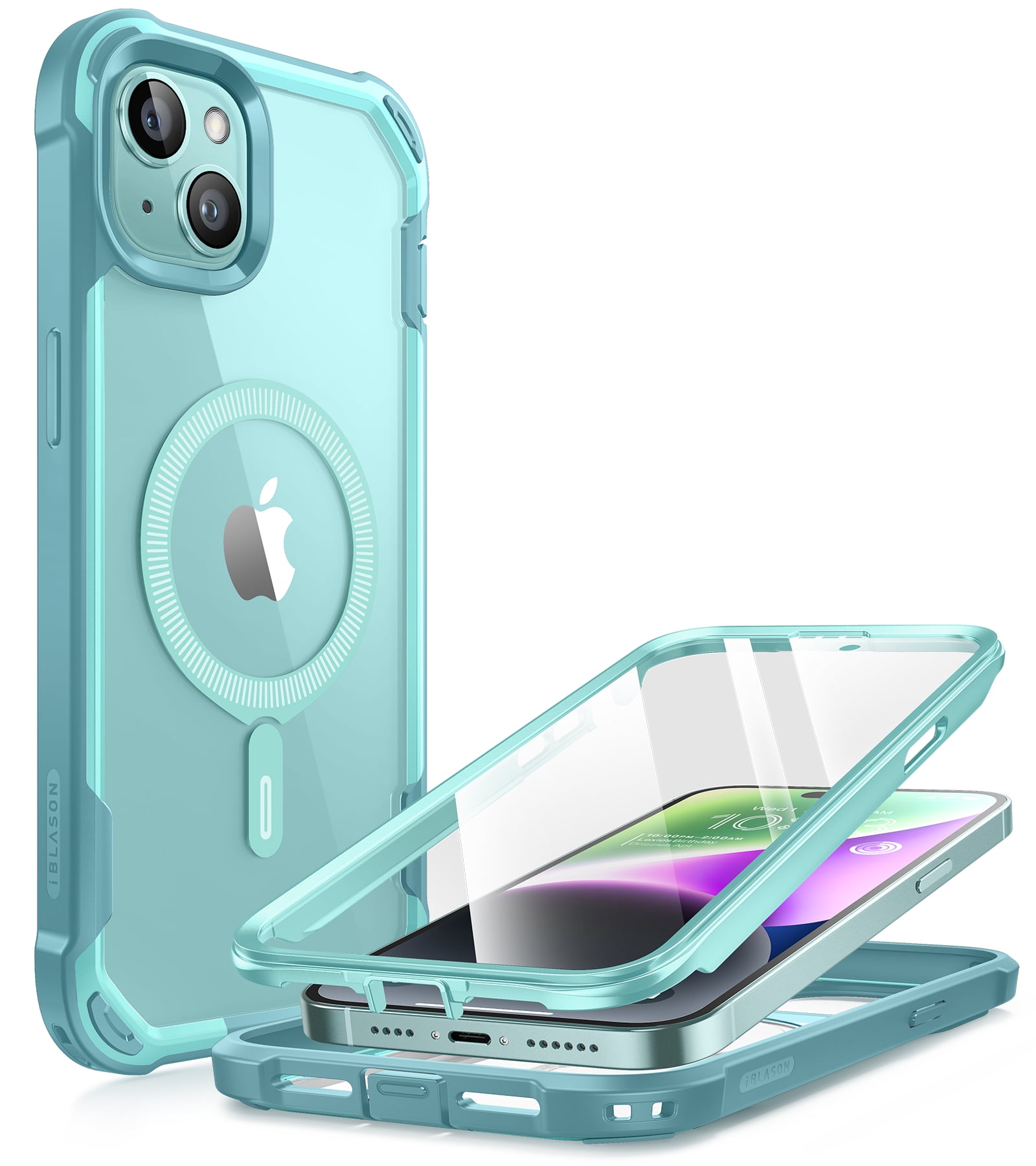 i-Blason AresMag for iPhone 15 Plus Case [6.7 inch], [MagSafe Compatible] Full-Body Dual Layer Anti-Slip Shockproof Rugged Clear Bumper Case with Built-in Screen Protector (SeaFoam)