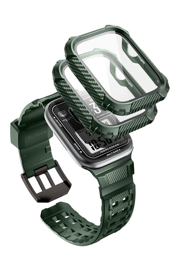 Armorbox Compatible with Apple Watch Band [45mm] for Apple Watch Series 8/7, Rugged TPU Watch Band with 2-Pack Bumper Cases [Built-in Tempered Glass Screen Protector] (DarkGreen, 45mm)