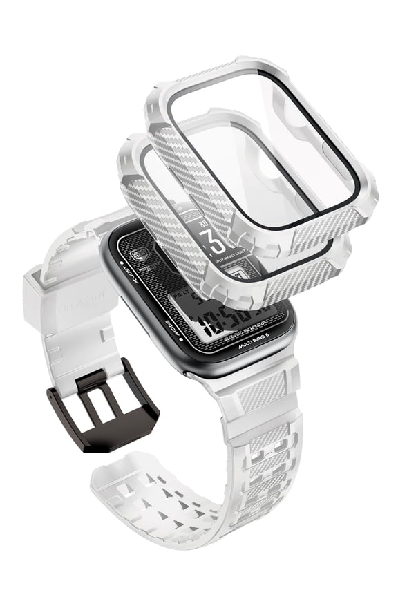 Armorbox Compatible with Apple Watch Band [45mm] for Apple Watch Series 8/7, Rugged TPU Watch Band with 2-Pack Bumper Cases [Built-in Tempered Glass Screen Protector] (White, 45mm)