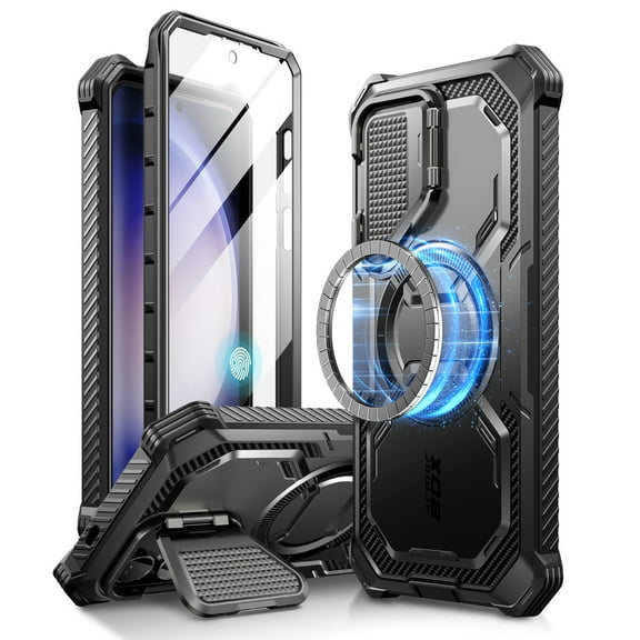 i-Blason Armorbox for Samsung Galaxy S24 Plus Case with Camera Cover Stand, [Compatible with MagSafe] Full-Body Rugged Protective S24+ Case with Built-in Screen Protector & Kickstand (Black)