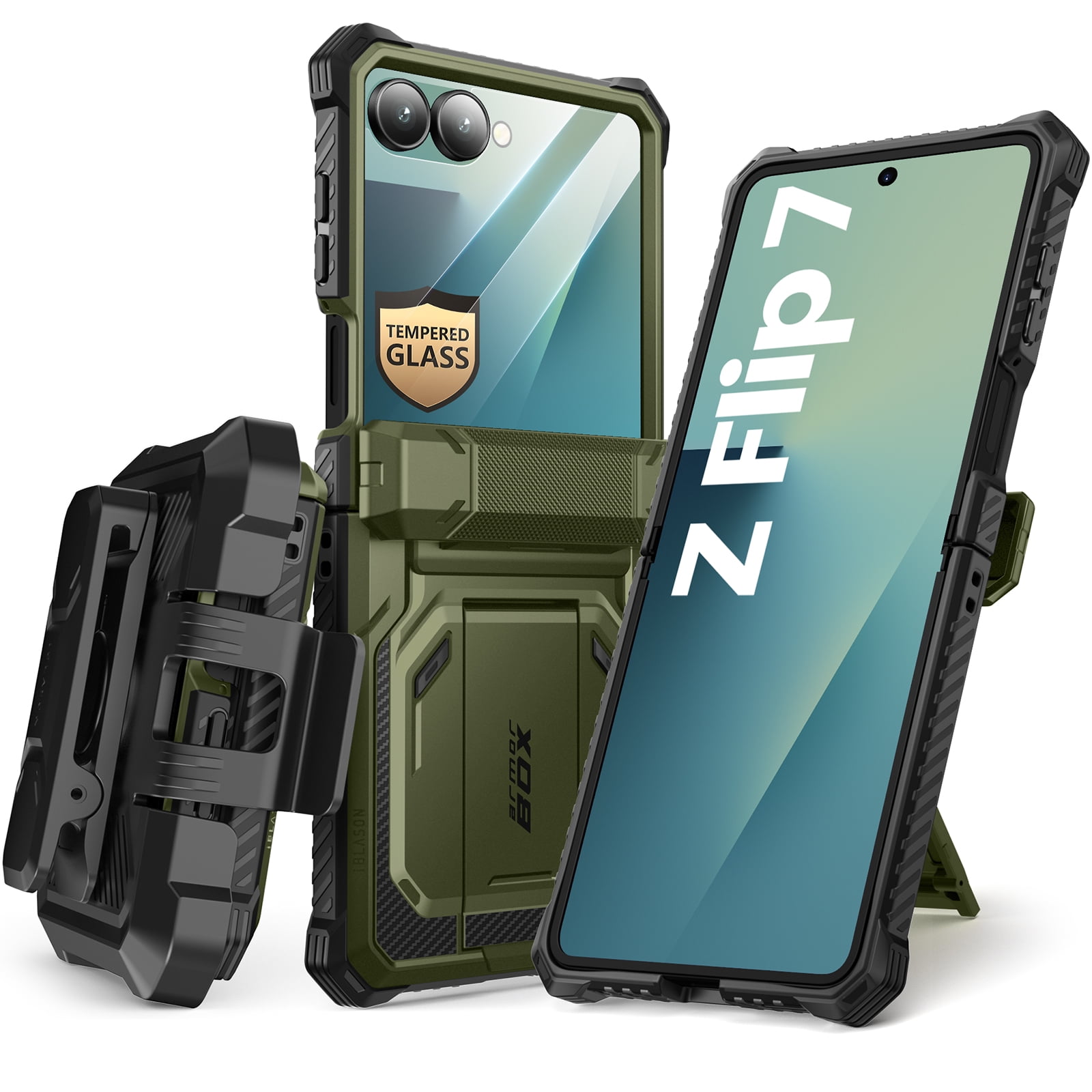 i-Blason Armorbox for Samsung Galaxy Z Flip 7 Case with Stand, [Built-in 9H Screen Protector] [with Belt-Clip] [Hinge Protection], Full-Body Military Protection Phone Case for Samsung Z Flip 7, Guldan