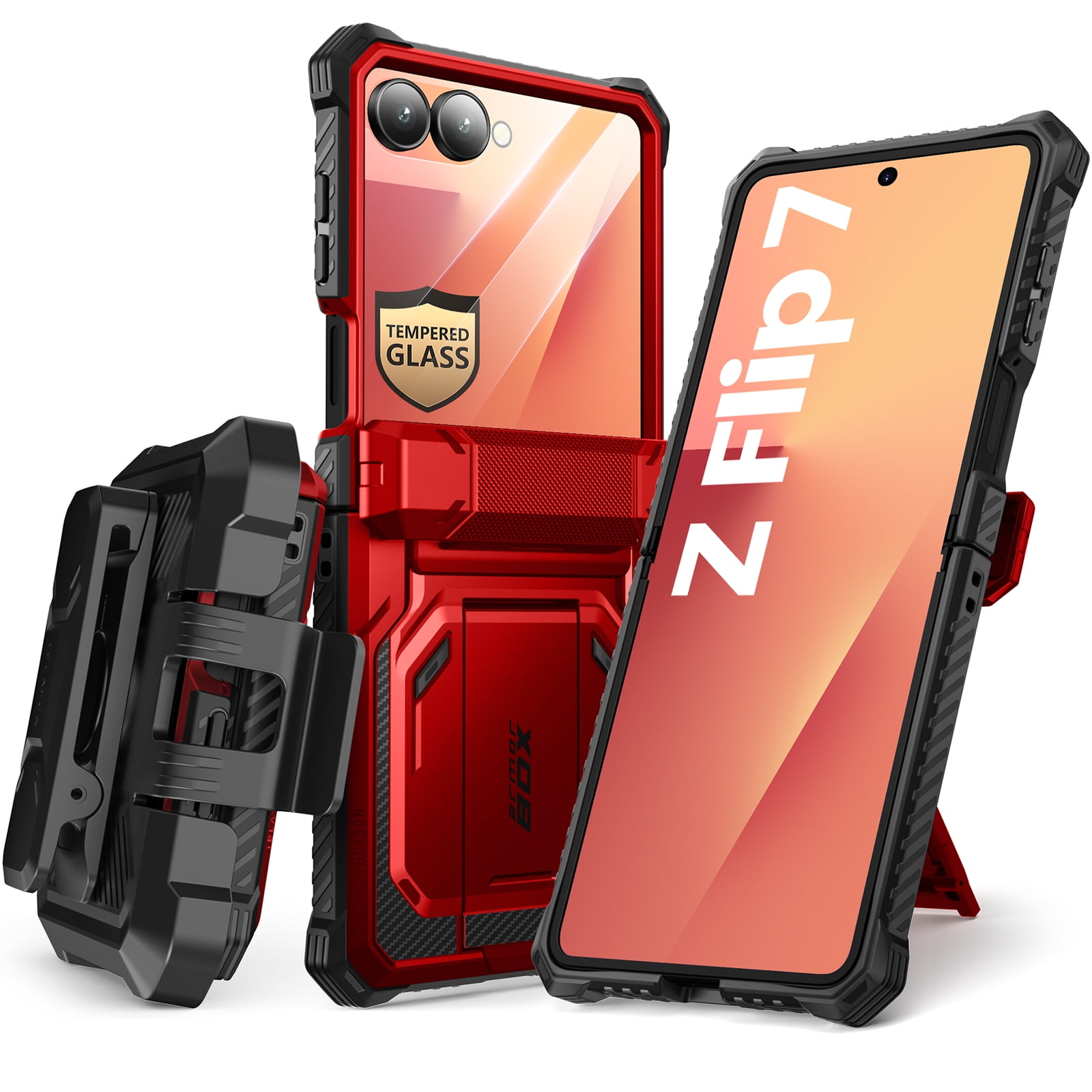 i-Blason Armorbox for Samsung Galaxy Z Flip 7 Case with Stand, [Built-in 9H Screen Protector] [with Belt-Clip] [Hinge Protection], Full-Body Military Protection Phone Case for Samsung Z Flip 7, Ruddy
