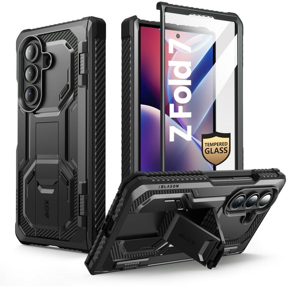 i-Blason Armorbox for Samsung Galaxy Z Fold 7 (2025) Case [Built-in Tempered Glass Screen Protector & Kickstand] [Military-Grade Protection] Hinge Protection, Anti-Slip, Shock-Absorbent Cover, Black