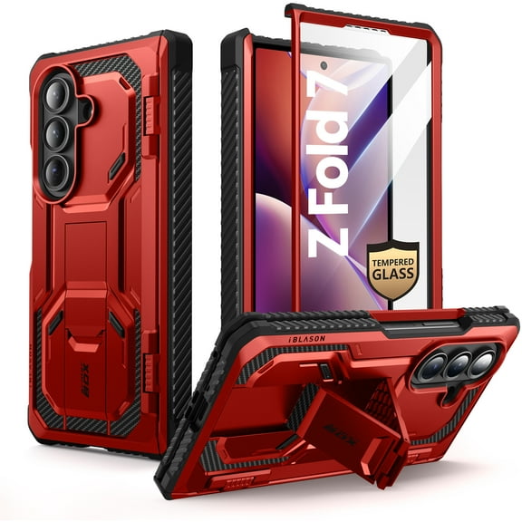 i-Blason Armorbox for Samsung Galaxy Z Fold 7 (2025) Case [Built-in Tempered Glass Screen Protector & Kickstand] [Military-Grade Protection] Hinge Protection, Anti-Slip, Shock-Absorbent Cover, Ruddy