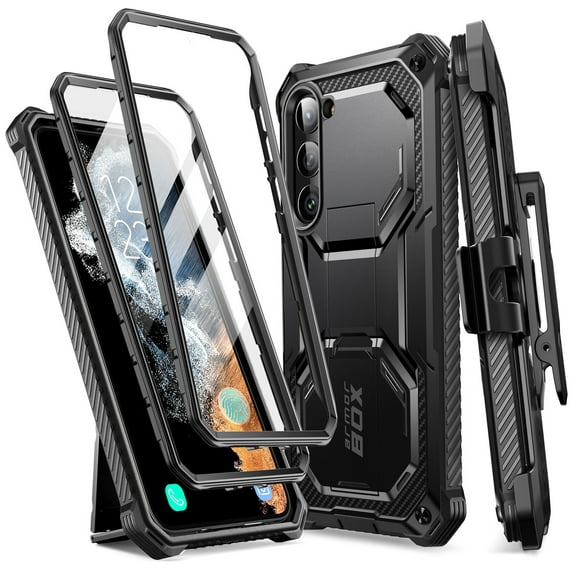 i-Blason Armorbox Series Designed for Samsung Galaxy S23Plus 5G (2023 Release), Full-Body Rugged Holster Bumper Case with Built-in Screen Protector & Kickstand (Black)