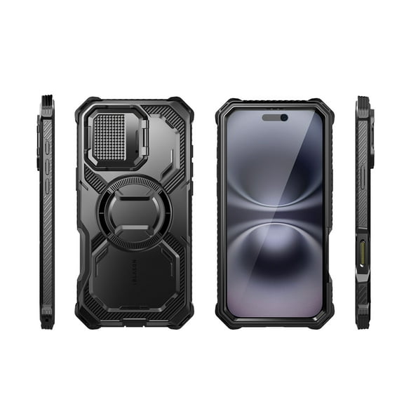i-Blason Armorbox for iPhone 16 6.1" Magnetic Case Camera Control Capture Button Design [Military Protection] Full-Body Rugged Protective Case Cover with Built-in Screen Protector & Kickstand, Black