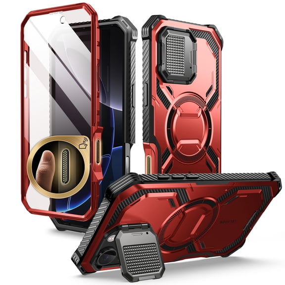 i-Blason Armorbox for iPhone 16 Pro 6.3" Case Camera Control Capture Button Design [Military Protection] Full-Body Rugged Protective Case Cover with Built-in Screen Protector & Kickstand, Red
