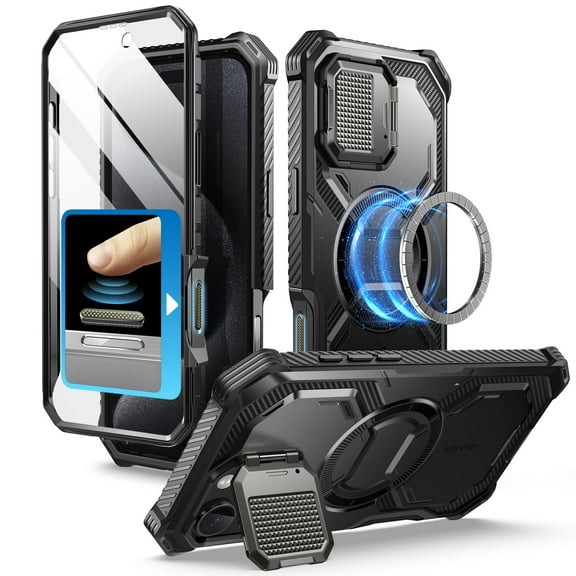 i-Blason Armorbox for iPhone 16 Pro Max Case with Camera Cover Stand Built-in Capture Button [Military Protection] Full-Body Rugged Protective Case with Built-in Screen Protector & Kickstand, Black