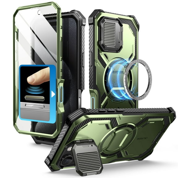 i-Blason Armorbox for iPhone 16 Pro Max Case with Camera Cover Stand Built-in Capture Button [Military Protection] Full-Body Rugged Protective Case with Built-in Screen Protector & Kickstand, Green