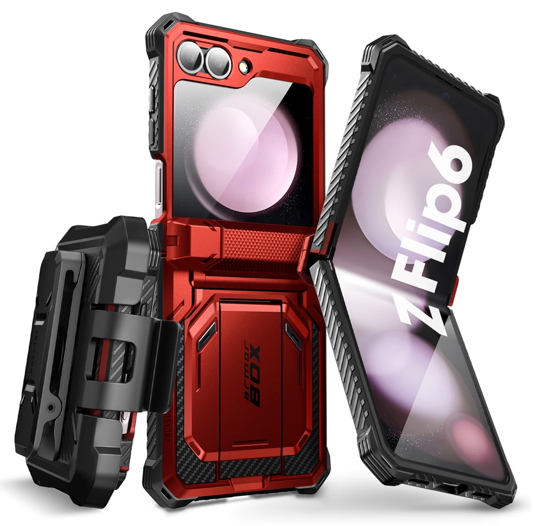 i-Blason Armorbox series for Samsung Galaxy Z Flip 6 / Flip 5 Case with Stand, [Built-in Screen Protector] [Hinge Protection] [Belt-Clip], Full-Body Protection Phone Case Cover, Ruddy