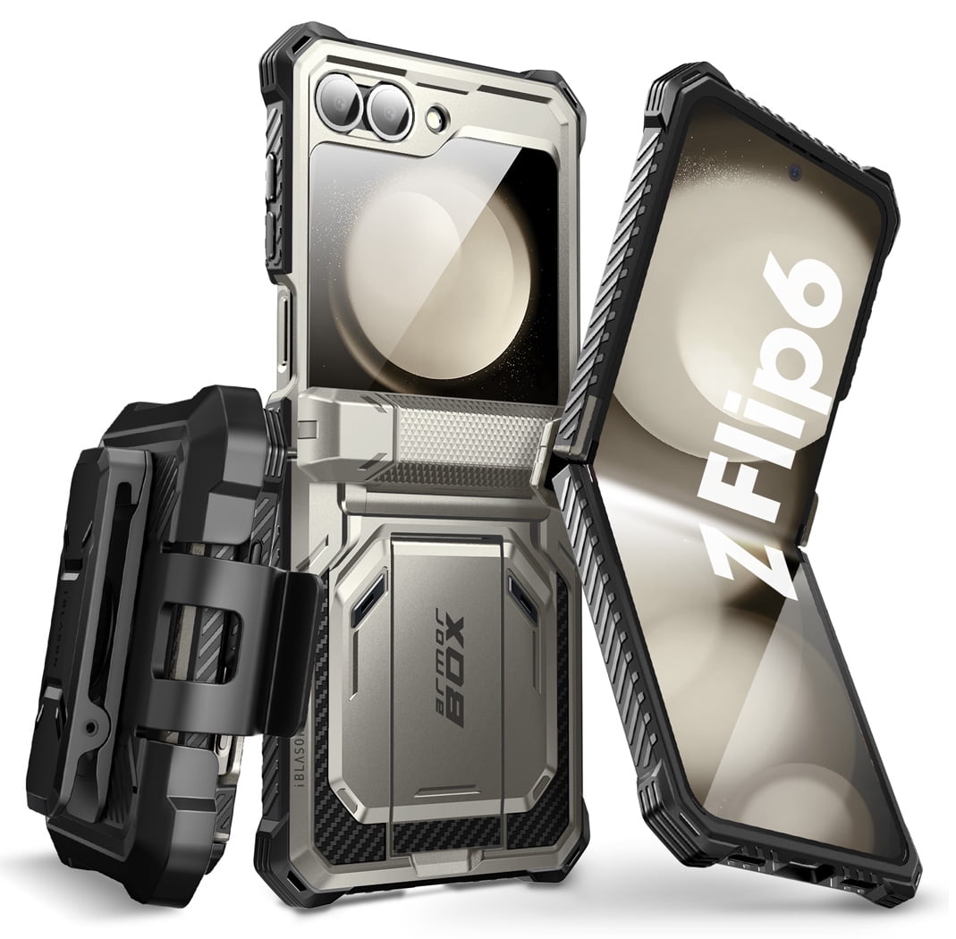 i-Blason Armorbox series for Samsung Galaxy Z Flip 6 / Flip 5 Case with Stand, [Built-in Screen Protector] [Hinge Protection] [Belt-Clip], Full-Body Protection Phone Case Cover, TiGray