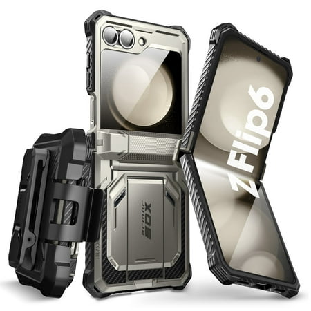 i-Blason Armorbox series for Samsung Galaxy Z Flip 6 / Flip 5 Case with Stand, [Built-in Screen Protector] [Hinge Protection] [Belt-Clip], Full-Body Protection Phone Case Cover, TiGray