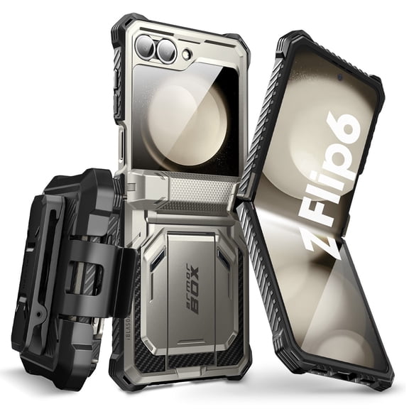 i-Blason Armorbox series for Samsung Galaxy Z Flip 6 / Flip 5 Case with Stand, [Built-in Screen Protector] [Hinge Protection] [Belt-Clip], Full-Body Protection Phone Case Cover, TiGray