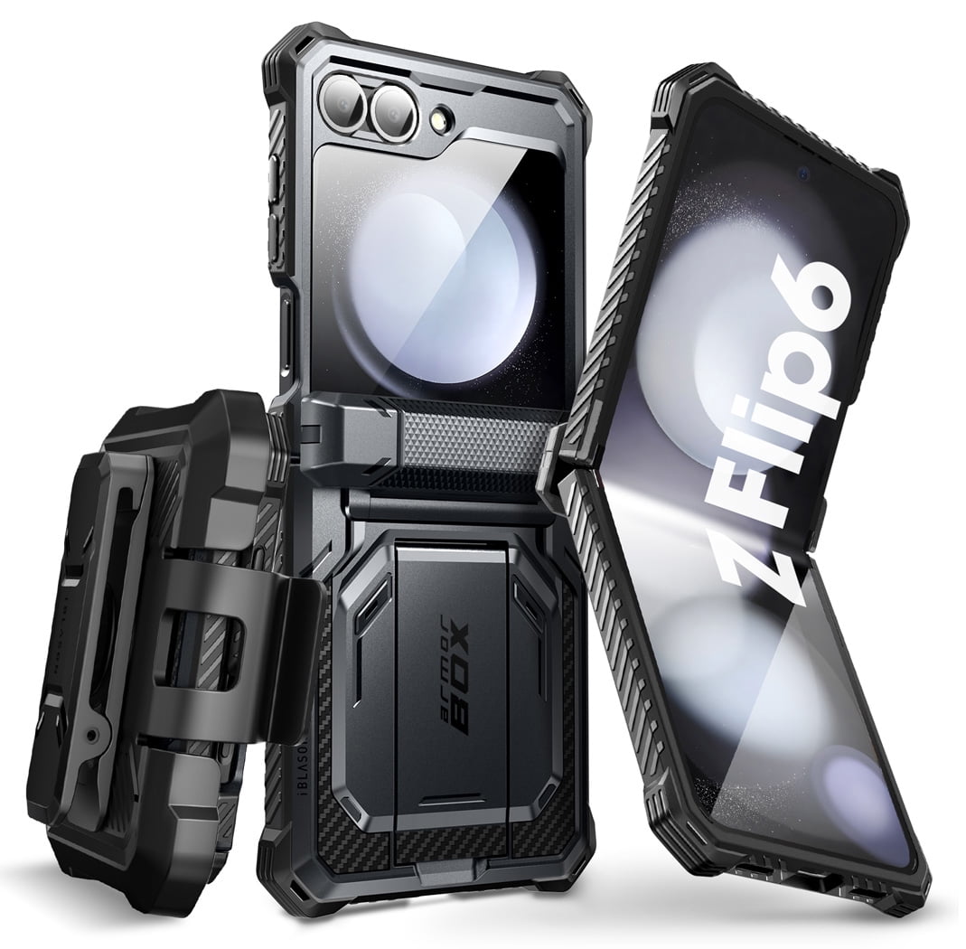 i-Blason Armorbox series for Samsung Galaxy Z Flip 6 / Flip 5 Case with Stand, [Built-in Screen Protector] [Hinge Protection] [Belt-Clip], Full-Body Protection Phone Case Cover, Black