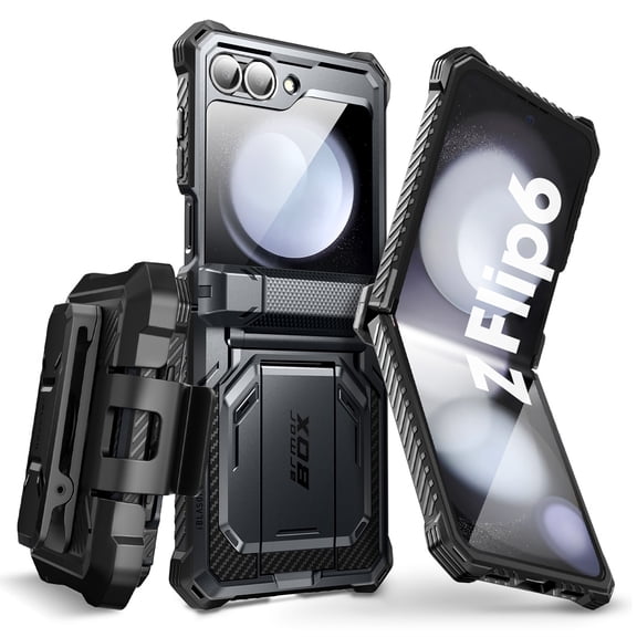 i-Blason Armorbox series for Samsung Galaxy Z Flip 6 / Flip 5 Case with Stand, [Built-in Screen Protector] [Hinge Protection] [Belt-Clip], Full-Body Protection Phone Case Cover, Black