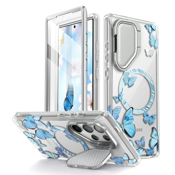 i-Blason Cosmo Mag for Samsung Galaxy S24 Ultra Case with Camera Cover Stand, [Compatible with MagSafe] Slim Stylish Full-Body Protective Case with Built-in Screen Protector & Kickstand (Bluefly)