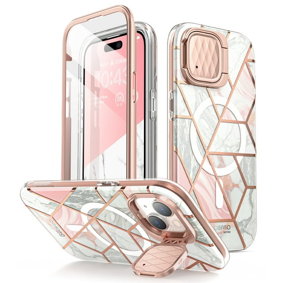 i-Blason Cosmo Mag for iPhone 15 Case/iPhone 14/13 Case [6.1 inch] with Camera Cover Stand, [MagSafe Compatible] Slim Stylish Full-Body Protective Case with Built-in Screen Protector (Marble)