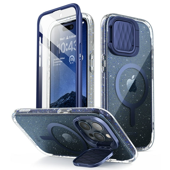 i-Blason Cosmo Mag for iPhone 15 Pro Case 6.1 inch with Camera Cover Stand, [Compatible with MagSafe] Slim Stylish Full-Body Protective Case with Built-in Screen Protector (BlueGlitter)