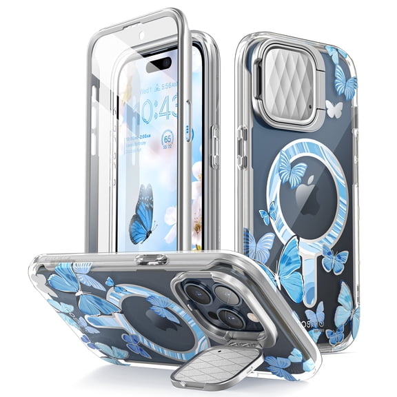 i-Blason Cosmo Mag for iPhone 15 Pro Case 6.1 inch with Camera Cover Stand, [Compatible with MagSafe] Slim Stylish Full-Body Protective Case with Built-in Screen Protector (Bluefly)